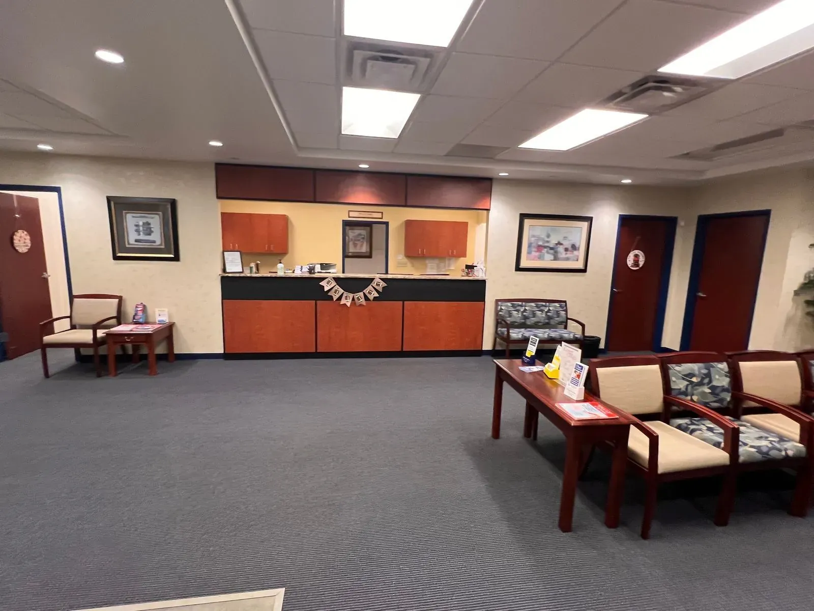 Clinic lobby seating with vacuumed carpet