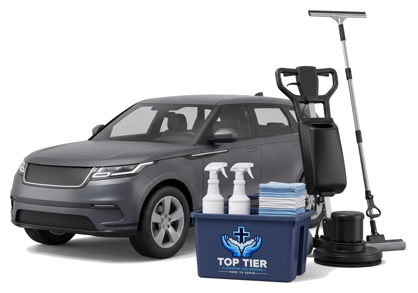 Car dealership showroom cleaning equipment: a navy supply caddy with the Top Tier Cleaning Solutions logo, a floor machine and a window squeegee in front of a grey SUV