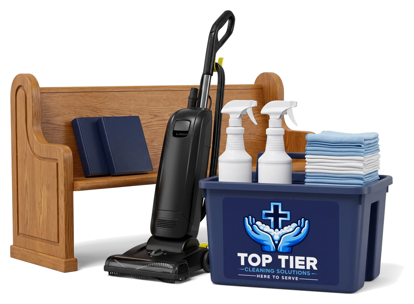 Church cleaning supplies: an oak pew with hymn books, an upright vacuum and a navy supply caddy with the Top Tier Cleaning Solutions logo