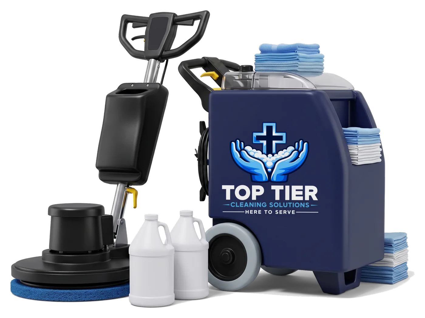 Floor care equipment: a rotary floor machine and a navy carpet extractor with the Top Tier Cleaning Solutions logo, with jugs of floor finish
