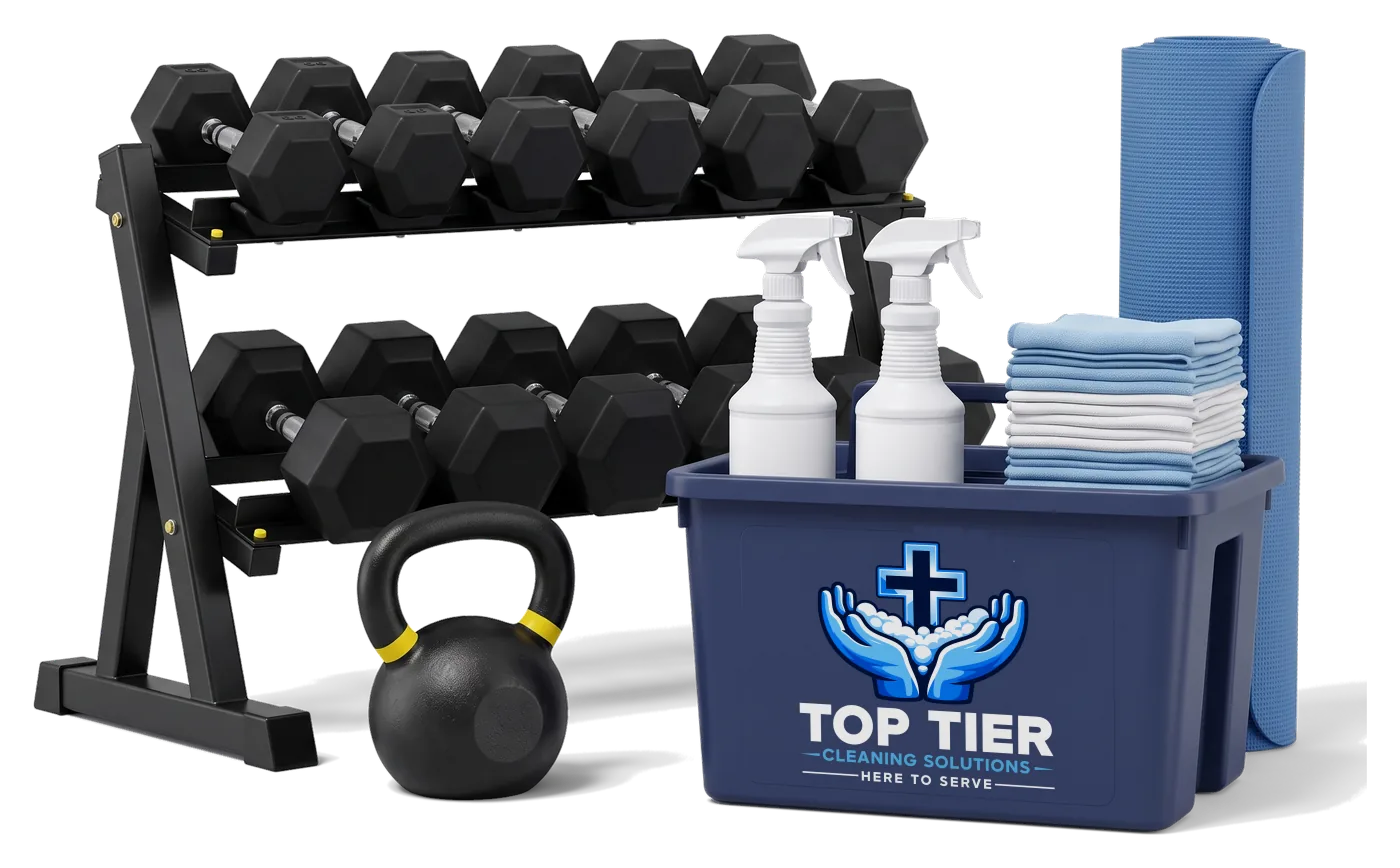 Gym cleaning supplies: a dumbbell rack and kettlebell beside a navy supply caddy with the Top Tier Cleaning Solutions logo, spray bottles and microfiber towels