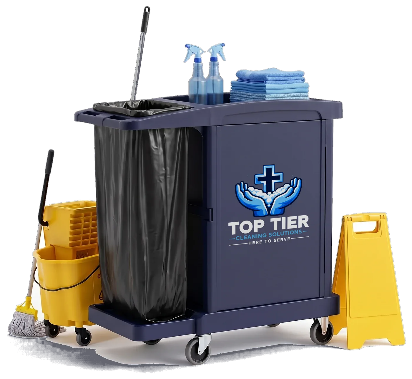 Navy janitorial cart with the Top Tier Cleaning Solutions logo, a mop bucket, blue spray bottles, microfiber cloths and a wet floor sign