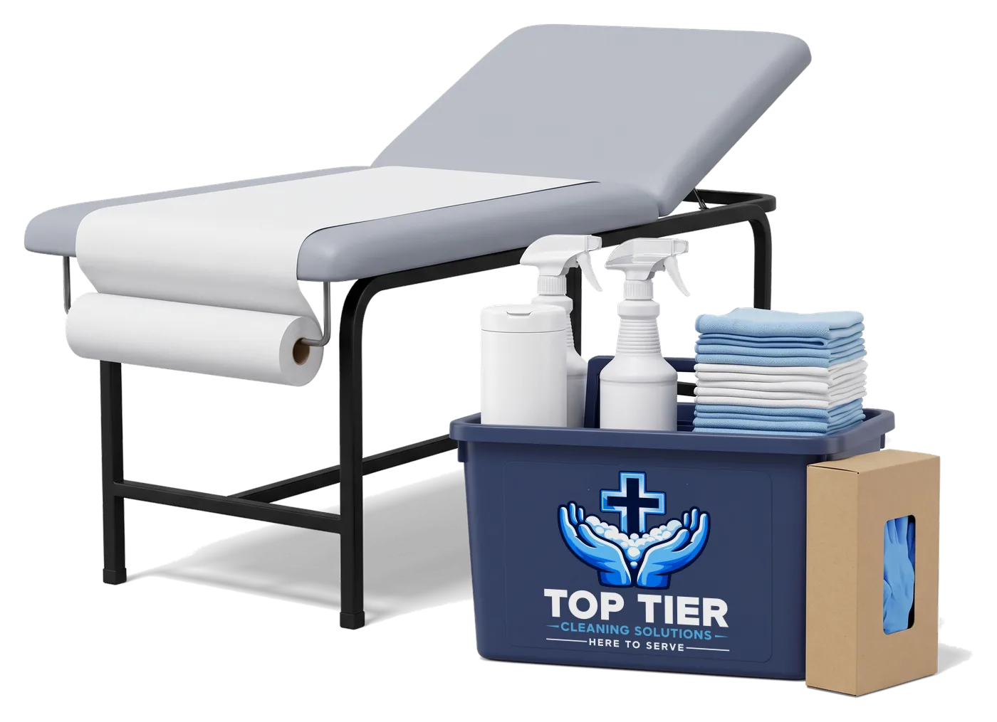 Medical office cleaning supplies: an exam table beside a navy supply caddy with the Top Tier Cleaning Solutions logo, spray bottles, wipes and a box of gloves
