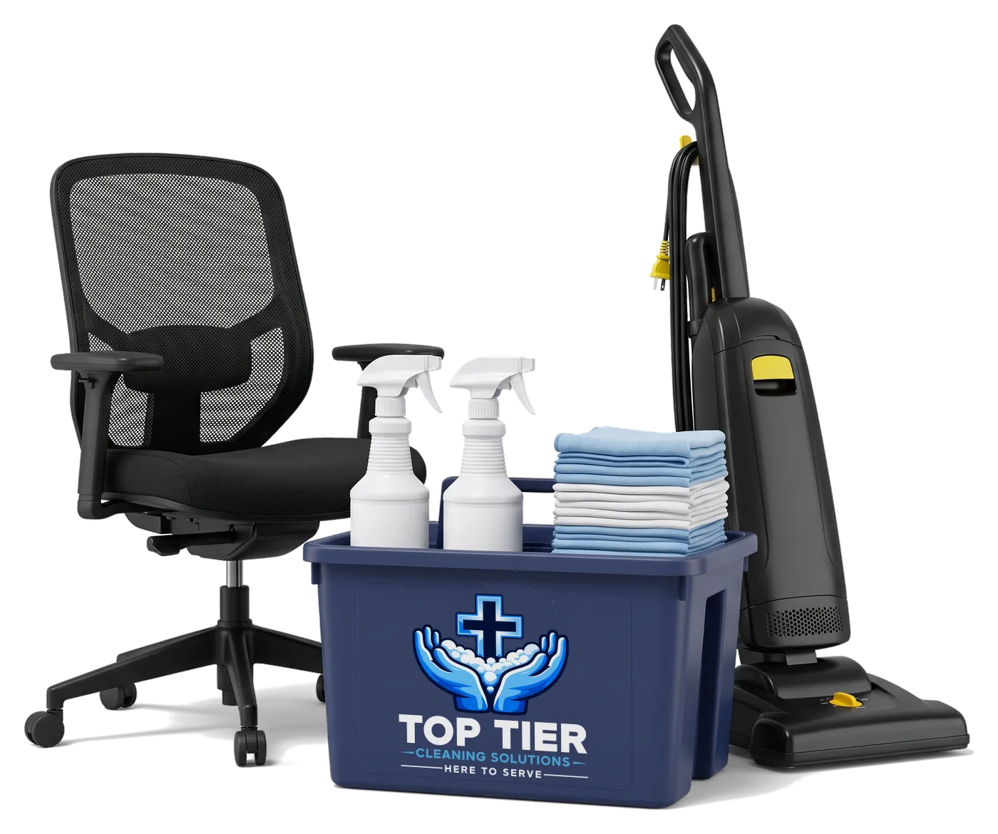 Office cleaning equipment: a navy supply caddy with the Top Tier Cleaning Solutions logo, spray bottles and microfiber cloths beside an office chair and an upright vacuum