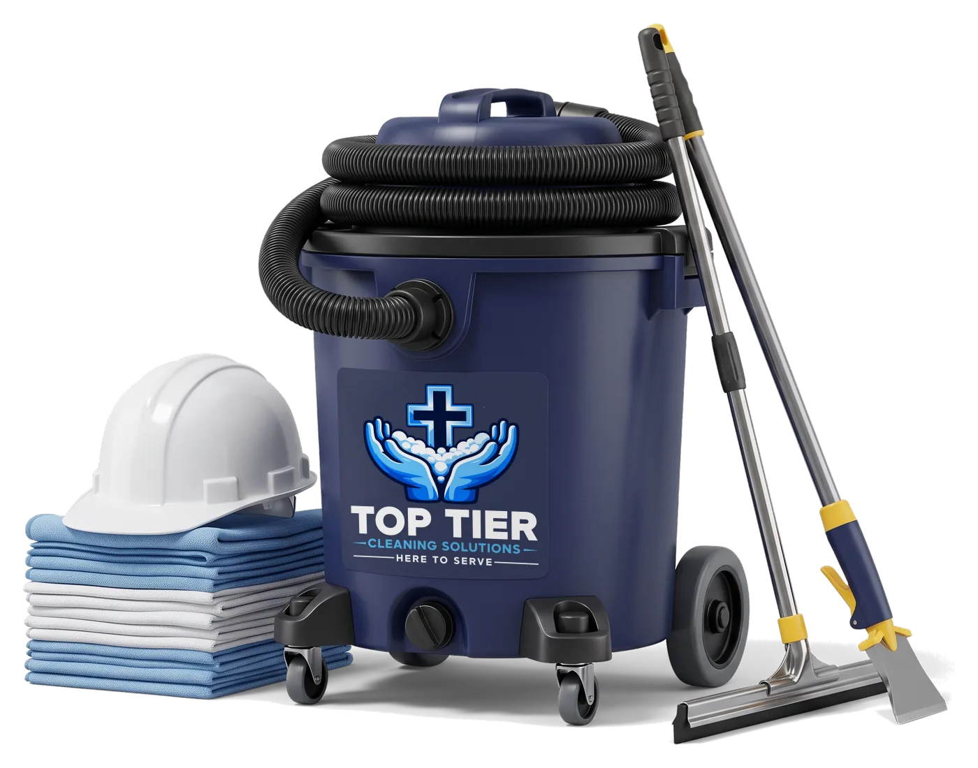 Post-construction cleaning equipment: a navy shop vacuum with the Top Tier Cleaning Solutions logo, a white hard hat on microfiber cloths, a window squeegee and a floor scraper