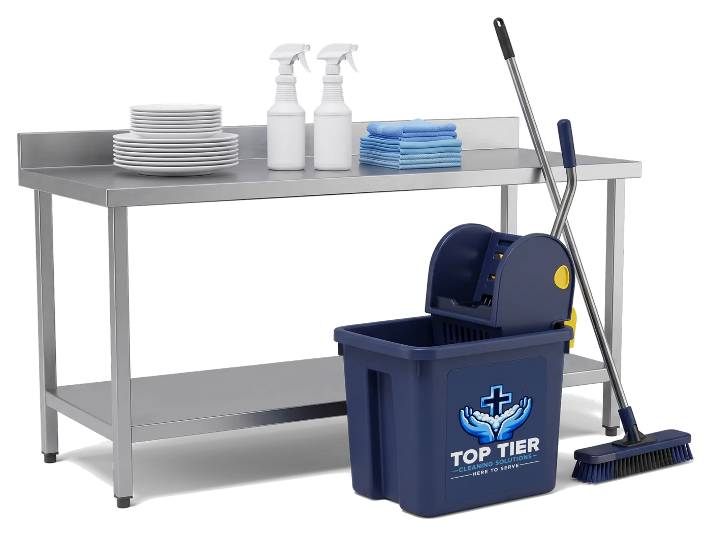 Restaurant cleaning equipment: a stainless steel prep table with plates, a navy mop bucket with the Top Tier Cleaning Solutions logo and a floor scrub brush