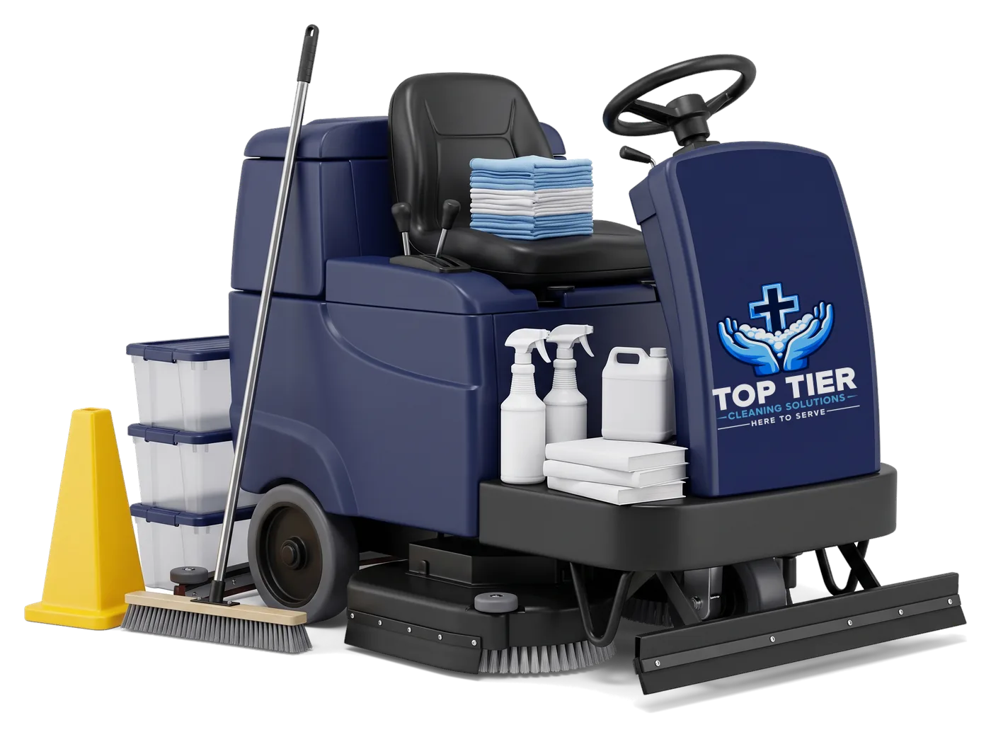 Warehouse cleaning equipment: a navy ride-on floor scrubber with the Top Tier Cleaning Solutions logo, a safety cone and a push broom
